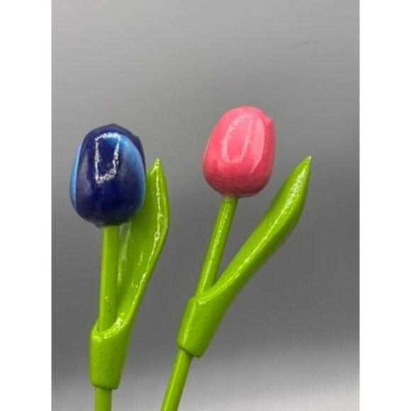 Wooden Tulip Flowers Blue & Pink With Green Stems Decor - Picture 3 of 4